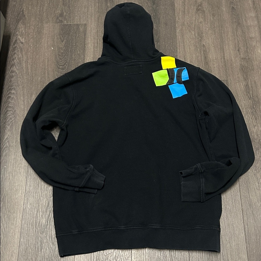 Hurley Black Zip Front Hoodie with Multicolor Graphic Front and Back - Picture 3 of 5